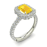 Solitario zaffiro giallo smeraldo e diamanti tondi Viviane in oro bianco carati 2.20