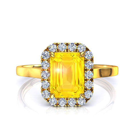 Bague de fiançailles saphir jaune Émeraude et diamants ronds 2.20 carats or jaune Capri