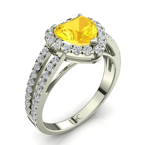 Anello con zaffiro giallo a forma di cuore e diamanti tondi Genova in oro bianco 1.10 carati
