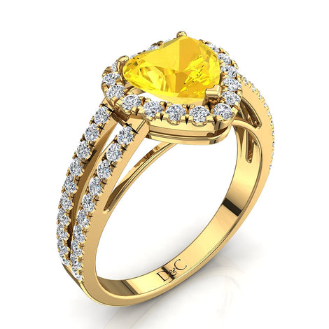Solitaire saphir jaune coeur et diamants ronds 1.10 carat or jaune Genova