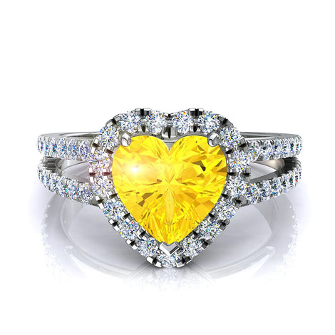 Solitaire saphir jaune coeur et diamants ronds 1.30 carat or blanc Genova