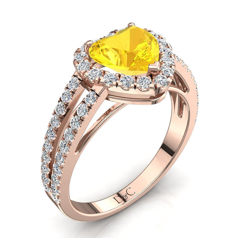 Anello con zaffiro giallo a forma di cuore e diamanti tondi Genova in oro rosa 1.80 carati