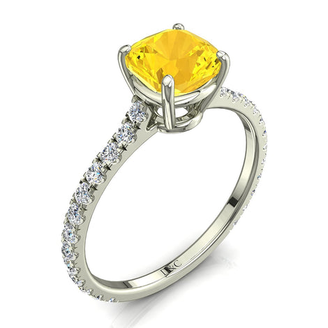 Solitaire saphir jaune coussin et diamants ronds 0.60 carat or blanc Jenny