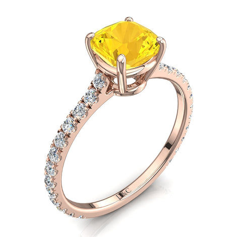 Anello Cushion con zaffiro giallo e diamanti tondi Jenny in oro rosa 0.60 carati