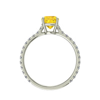 Bague de fiançailles saphir jaune coussin et diamants ronds 0.80 carat or blanc Jenny