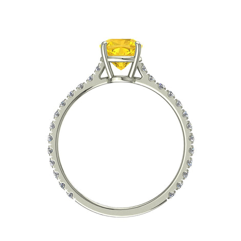 Bague de fiançailles saphir jaune coussin et diamants ronds 0.80 carat or blanc Jenny
