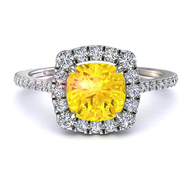 Anello di fidanzamento Alida con zaffiro giallo cushion da 1.00 carati e diamante rotondo A/SI/oro bianco 18 carati