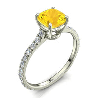 Solitario cushion zaffiro giallo e diamanti tondi Jenny in oro bianco 1.00 carati