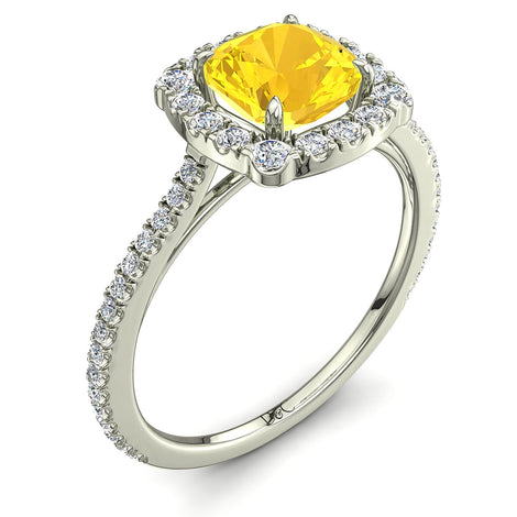 Anello Cushion con zaffiro giallo e diamanti tondi Alida in oro bianco 1.10 carati
