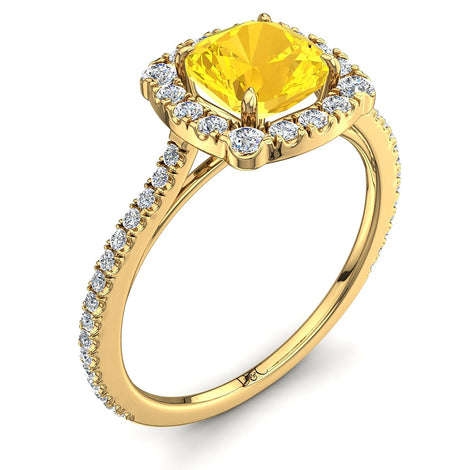 Solitaire saphir jaune coussin et diamants ronds 1.30 carat or jaune Alida