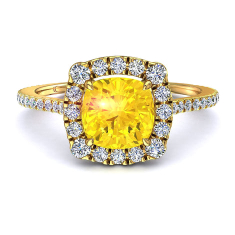 Solitario cuscino zaffiro giallo e diamanti tondi Alida oro giallo 1.60 carati