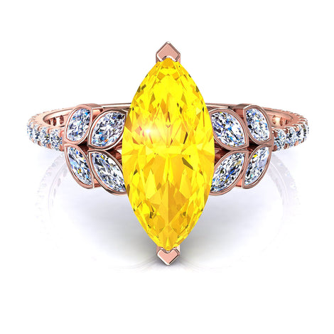 Solitaire saphir jaune marquise et diamants marquises 1.60 carat or rose Angela