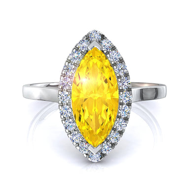 Anello con zaffiro marquise giallo di Capri e diamante tondo 0.60 carati A / SI / Oro bianco 18 carati