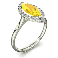 Bague de fiançailles saphir jaune marquise et diamants ronds 0.60 carat or blanc Capri