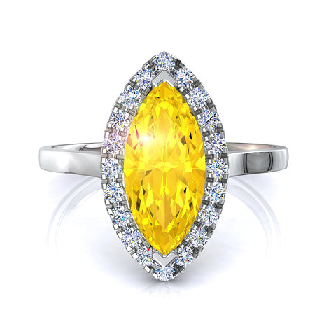 Solitaire saphir jaune marquise et diamants ronds 0.60 carat or blanc Capri