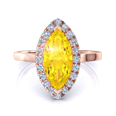 Anello con zaffiro marquise giallo di Capri e diamante tondo 0.60 carati A / SI / oro rosa 18 carati