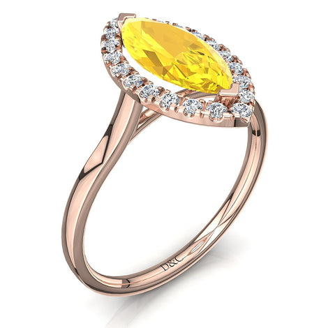 Bague de fiançailles saphir jaune marquise et diamants ronds 0.60 carat or rose Capri