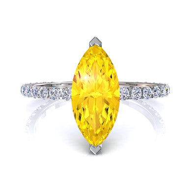 Solitaire saphir jaune marquise et diamants ronds 1.00 carat Valentine A / SI / Or Blanc 18 carats