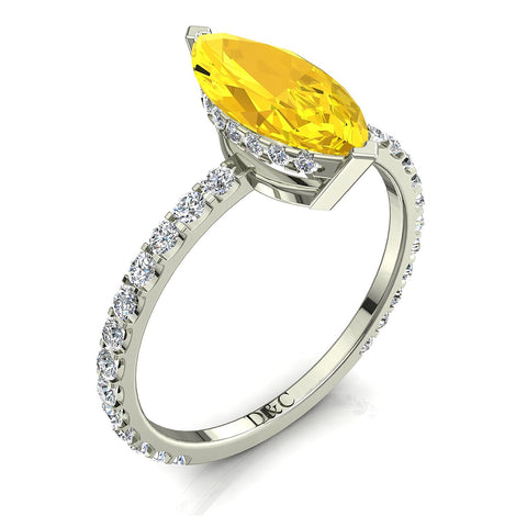 Anello di fidanzamento marquise zaffiro giallo e diamanti tondi San Valentino in oro bianco 1.20 carati