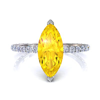 Solitario zaffiro marquise giallo e diamanti tondi San Valentino in oro bianco 2.00 carati