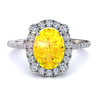Solitario zaffiro giallo ovale e diamanti tondi 0.90 carati Alida A / SI / Oro bianco 18 carati