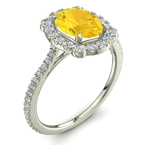 Solitario zaffiro giallo ovale e diamanti tondi Alida in oro bianco 1.10 carati