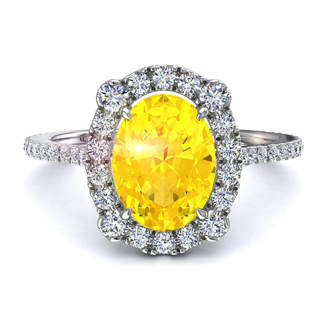 Anello con zaffiro giallo ovale e diamanti tondi Alida in oro bianco 1.30 carati