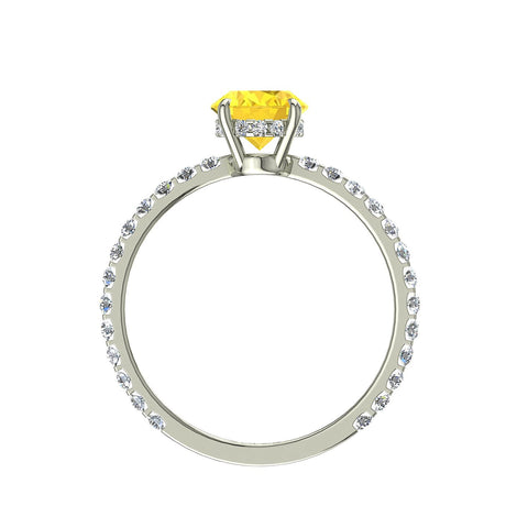 Anello di fidanzamento ovale zaffiro giallo e diamanti tondi San Valentino in oro bianco 1.70 carati