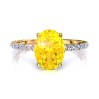 Anello di fidanzamento ovale zaffiro giallo e diamanti tondi San Valentino in oro giallo 1.70 carati