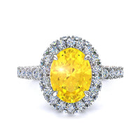 Anello Viviane ovale zaffiro giallo e diamanti tondi oro bianco 2.50 carati