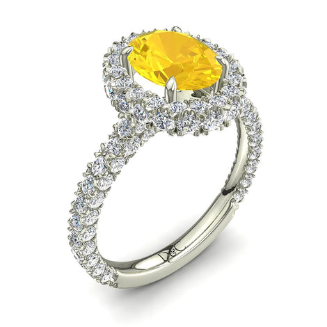 Solitario zaffiro giallo ovale e diamanti tondi Viviane oro bianco carati 2.50