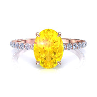 Solitario zaffiro giallo ovale e diamanti tondi San Valentino in oro rosa 2.50 carati
