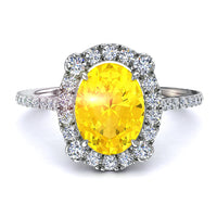 Solitario zaffiro giallo ovale e diamanti tondi Alida in oro bianco 2.60 carati