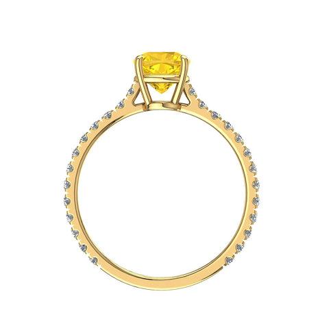 Anello di fidanzamento principessa zaffiro giallo e diamanti tondi Cindirella in oro giallo 1.20 carati