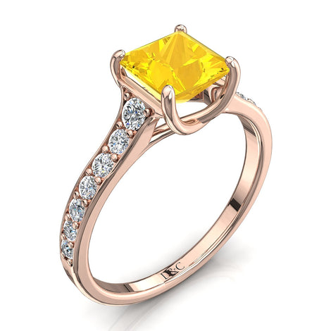 Bague saphir jaune princesse et diamants ronds 1.20 carat or rose Cindirella