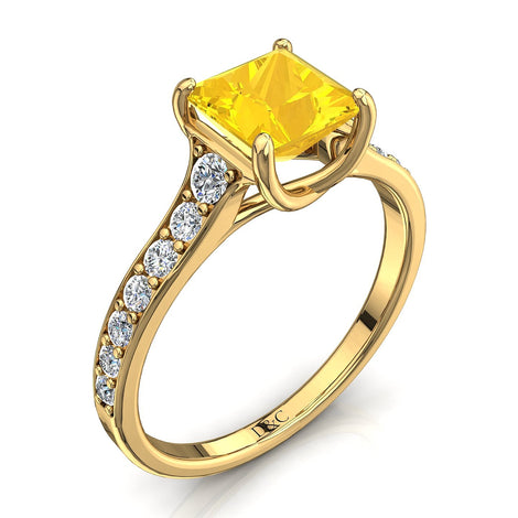 Solitaire saphir jaune princesse et diamants ronds 1.80 carat or jaune Cindirella