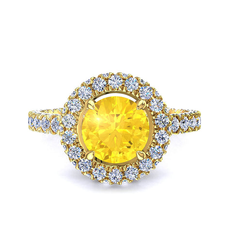 Solitario zaffiro giallo tondo e diamanti tondi Viviane in oro giallo 2.00 carati