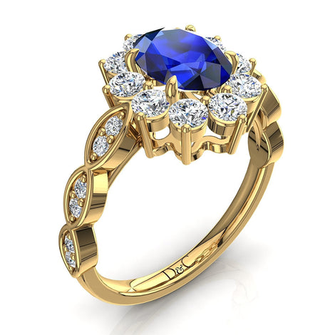 Anello di fidanzamento Elisabeth in oro giallo 1.70 carati con zaffiro ovale e diamanti tondi