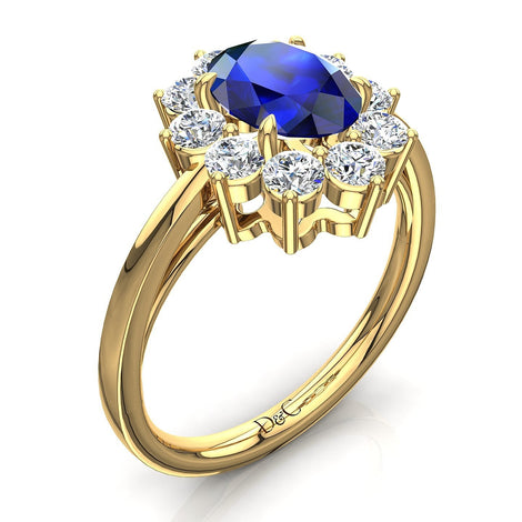 Anello Diana ovale con zaffiro e diamanti tondi in oro giallo 1.80 carati