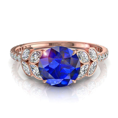 Round sapphire and marquise diamond solitaire and round diamonds 1.00 carat Angela A / SI / 18 carat Rose Gold