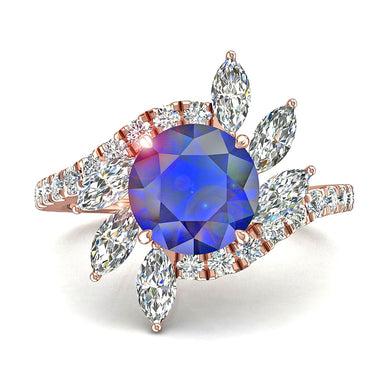 Bague de mariage saphir rond et diamants marquises et diamants ronds 1.70 carat Lisette A / SI / Or Rose 18 carats