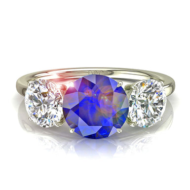Alizia Anello di fidanzamento con zaffiro rotondo da 0.80 carati e diamante rotondo A/SI/oro bianco 18 carati