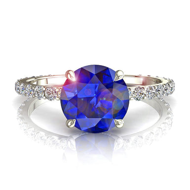San Valentino A/SI/Platino 0.80 carati zaffiro rotondo e anello di fidanzamento con diamante rotondo