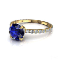 Anello di fidanzamento con zaffiro tondo e diamanti tondi San Valentino in oro giallo 0.80 carati