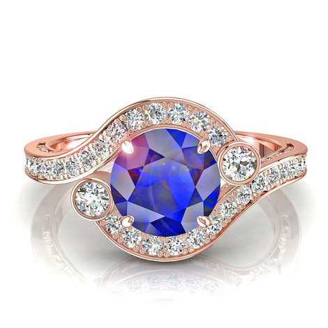 Anello di fidanzamento con zaffiro tondo e diamanti tondi in oro rosa 0.90 carati Ventimiglia