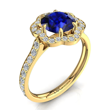 莉莉 1.10 克拉圆形蓝宝石和圆形钻石戒指