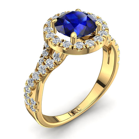Anello di fidanzamento zaffiro tondo e diamanti tondi Ameglia in oro giallo carati 1.20