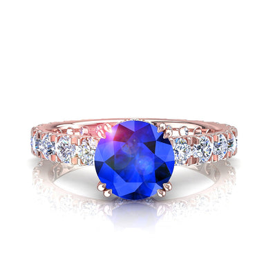 Safira redonda e anel de diamante redondo 1.50 quilates Valentina A / SI / ouro rosa 18k