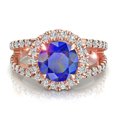 Anello di fidanzamento zaffiro tondo e diamanti tondi 1.60 carati oro rosa Imperia