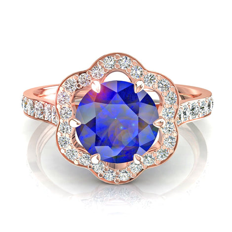 Anello di fidanzamento con zaffiro tondo e diamanti tondi Giglio in oro rosa 1.70 carati